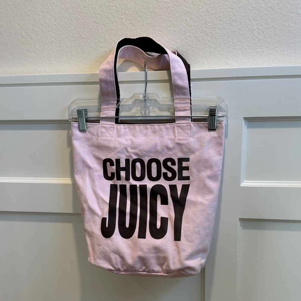Juicy Couture Reversible Chocolate Brown& Baby Pink Tote, "CHOOSE JUICY" Graphic - Picture 2 of 2